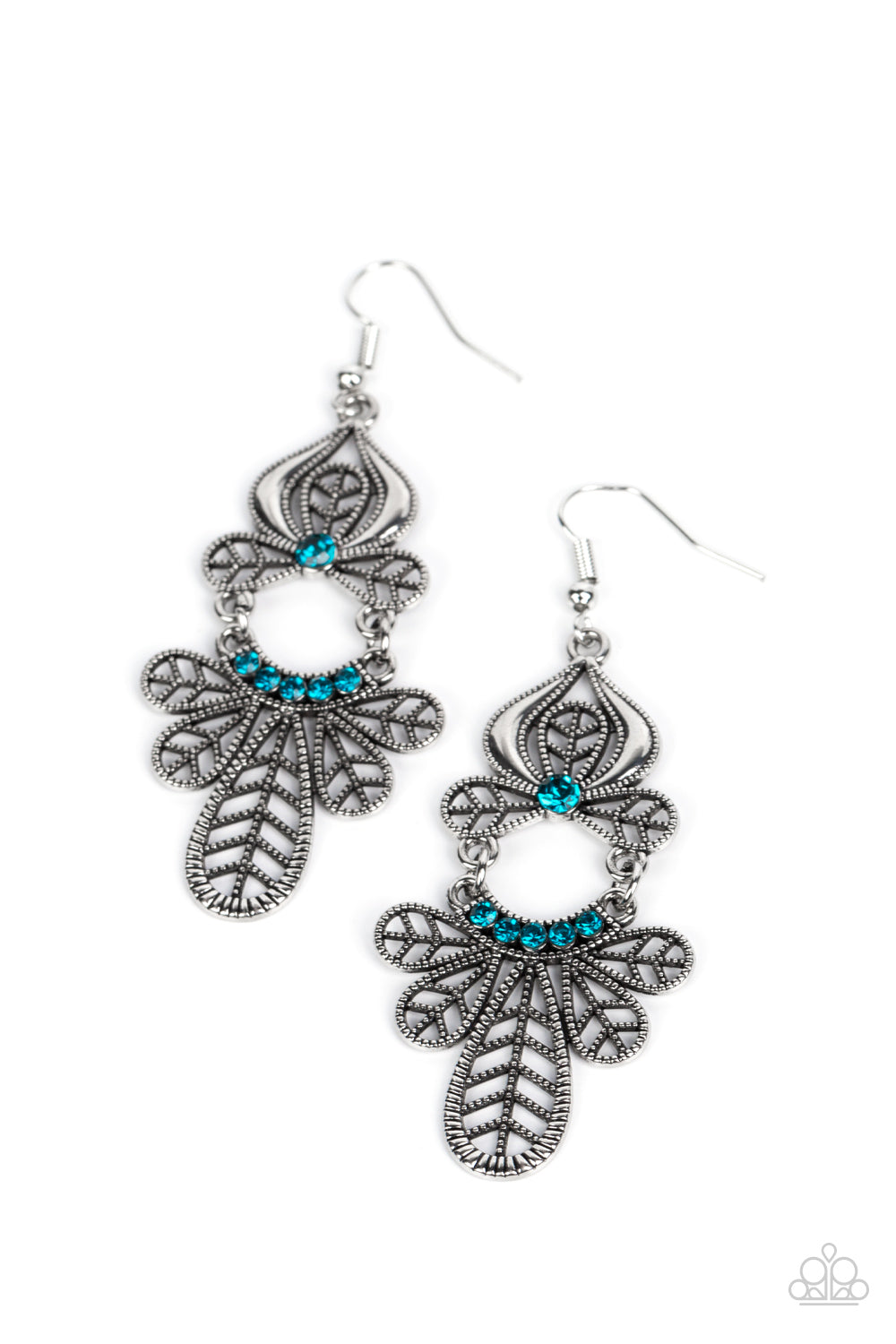 Studded leafy frames flare out from the bottom of a curved row of glittery blue rhinestones that swings from the bottom of a matching leafy silver frame. A solitaire blue rhinestone dots the uppermost frame, adding a collective shimmer to the seasonal chandelier. Earring attaches to a standard fishhook fitting.  Sold as one pair of earrings.
