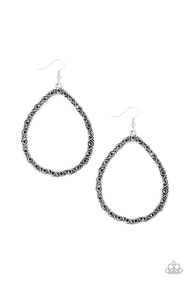 Antiqued silver bars weave around dainty black rhinestones, delicately coalescing into a whimsical teardrop frame for a refined look. Earring attaches to a standard fishhook fitting.  Sold as one pair of earrings.