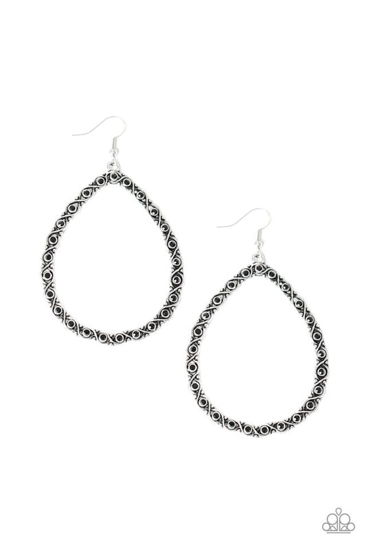 Antiqued silver bars weave around dainty black rhinestones, delicately coalescing into a whimsical teardrop frame for a refined look. Earring attaches to a standard fishhook fitting.  Sold as one pair of earrings.