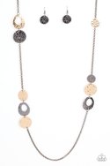 A hammered collection of gold and gunmetal discs and asymmetrical rings link with sections of glistening gunmetal chain across the chest, creating a casual display. Features an adjustable clasp closure.  Sold as one individual necklace. Includes one pair of matching earrings.