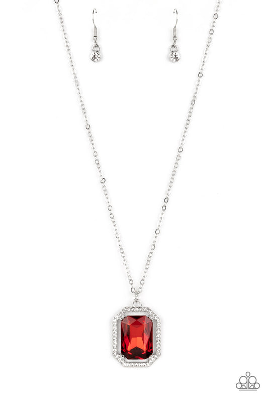 A dramatically oversized, emerald-cut red gem shimmers as it swings from the bottom of a long silver chain. Dainty white rhinestones create an airy frame that wrap around the reflective centerpiece, scattering light in every direction in a blinding finish. Features an adjustable clasp closure.  Sold as one individual necklace. Includes one pair of matching earrings.