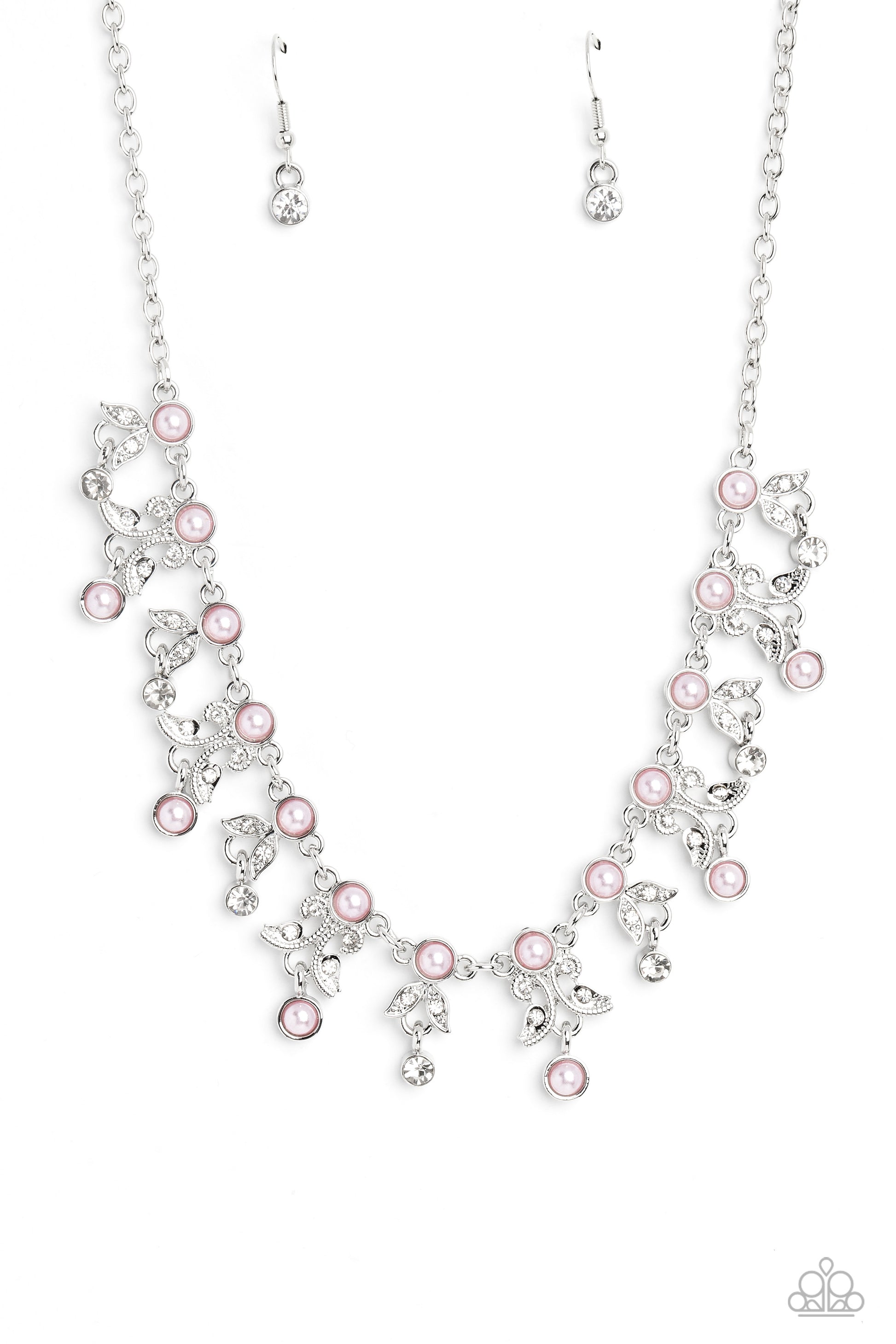Women's silver necklace with pink pear beads and white rhinestones (with solitare white rhinestone earrings)