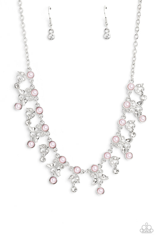 Women's silver necklace with pink pear beads and white rhinestones (with solitare white rhinestone earrings)