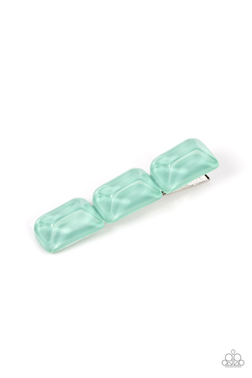 Enhanced with veins of light, a faceted collection of green faux gemstone beads embellishes the front of a classic silver frame for a tranquil fashion. Features a standard hair clip on the back.  Sold as one individual hair clip.