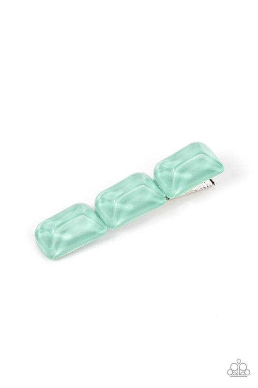 Enhanced with veins of light, a faceted collection of green faux gemstone beads embellishes the front of a classic silver frame for a tranquil fashion. Features a standard hair clip on the back.  Sold as one individual hair clip.