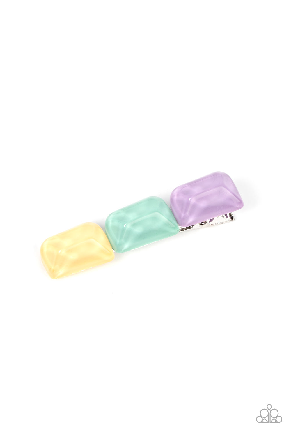 Enhanced with veins of light, a faceted collection of yellow, green, and purple faux gemstone beads embellishes the front of a classic silver frame for a tranquil fashion. Features a standard hair clip on the back.  Sold as one individual hair clip.