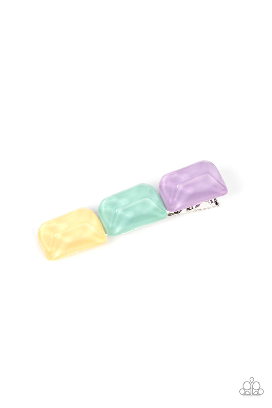 Enhanced with veins of light, a faceted collection of yellow, green, and purple faux gemstone beads embellishes the front of a classic silver frame for a tranquil fashion. Features a standard hair clip on the back.  Sold as one individual hair clip.