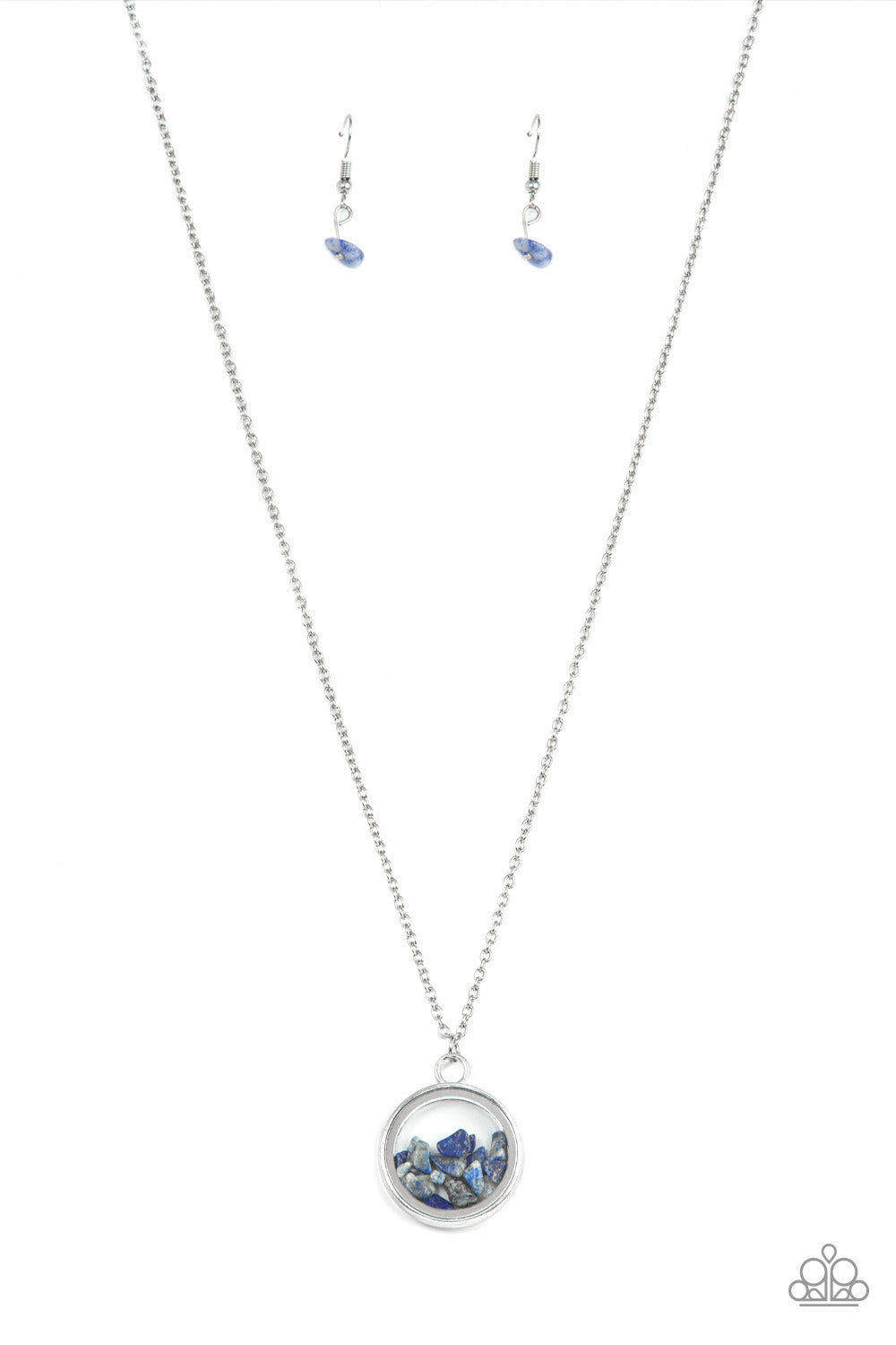 Infused with a sleek silver fitting, a refreshing collection of dainty lapis lazuli stones are encased in a glassy frame at the bottom of dainty silver chain. Features an adjustable clasp closure.  Sold as one individual necklace. Includes one pair of matching earrings.
