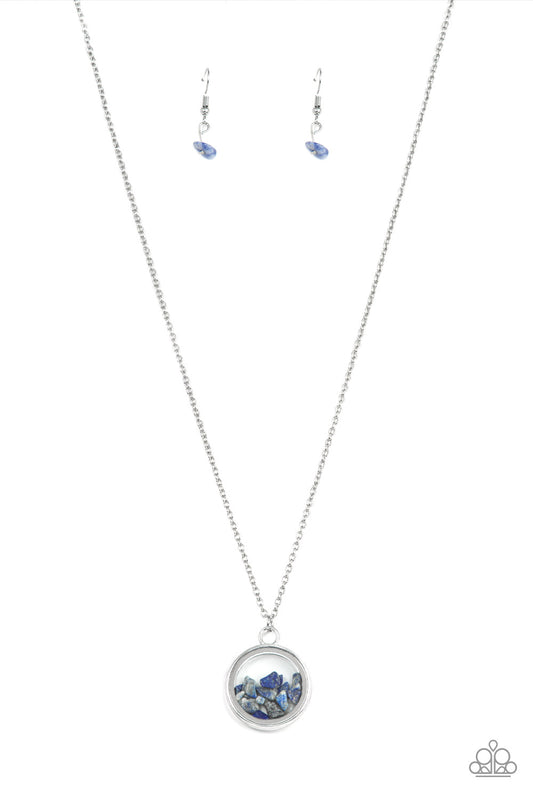 Infused with a sleek silver fitting, a refreshing collection of dainty lapis lazuli stones are encased in a glassy frame at the bottom of dainty silver chain. Features an adjustable clasp closure.  Sold as one individual necklace. Includes one pair of matching earrings.