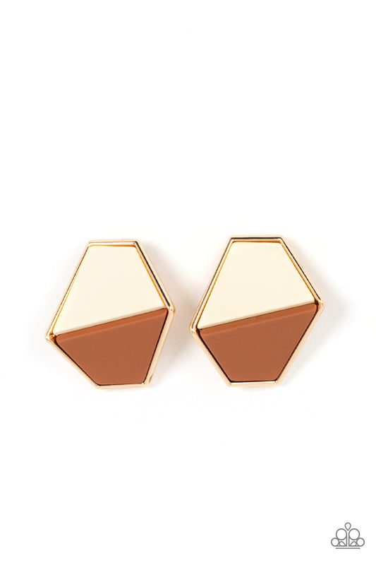 Featuring a matte finish, white and brown trapezoidal frames are encased in a glistening gold frame that gently folds backward for added dimension. Earring attaches to a standard post fitting.  Sold as one pair of post earrings.