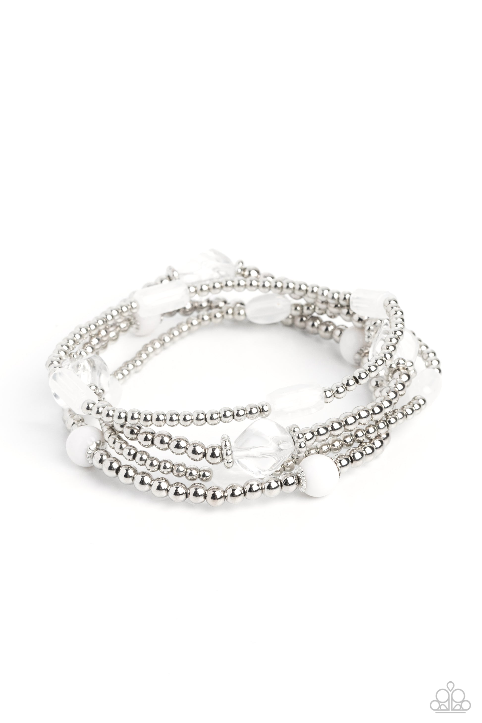 Dainty silver beads, silver accents, and white acrylics in milky, transparent, and solid shades wrap around the wrist on elastic stretchy bands for a colorfully geometric display.

Sold as one set of four bracelets.