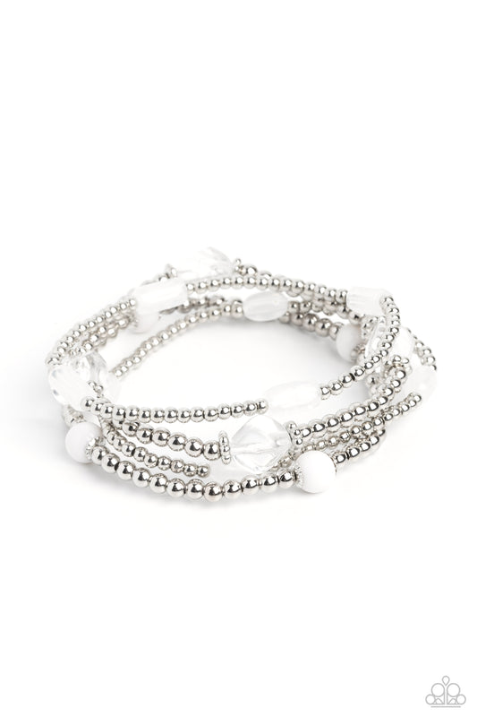 Dainty silver beads, silver accents, and white acrylics in milky, transparent, and solid shades wrap around the wrist on elastic stretchy bands for a colorfully geometric display.

Sold as one set of four bracelets.