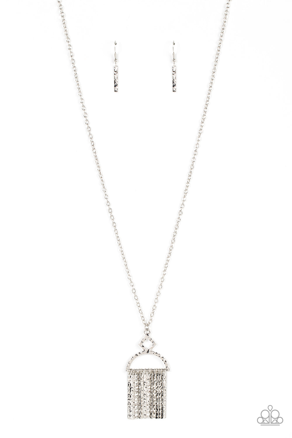 A silvery fringe of hammered pendulums swings from the bottom of a hammered geometric pendant. The half moon-like pendant swings from the bottom of an extended silver chain, creating a noisemaking tassel. Features an adjustable clasp closure.  Sold as one individual necklace. Includes one pair of matching earrings.