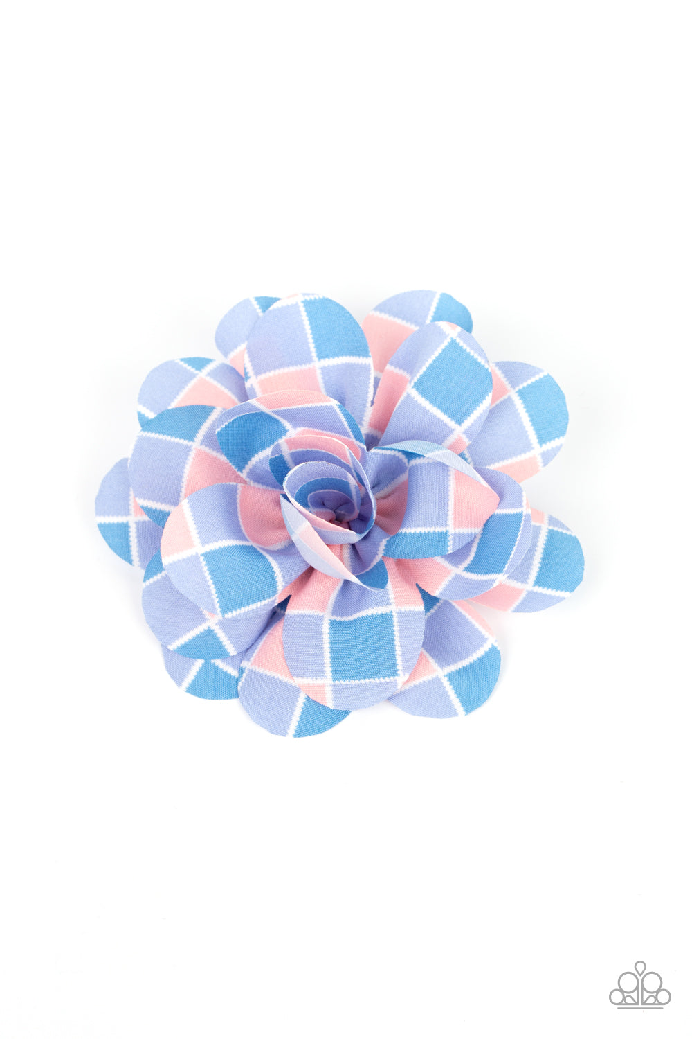 Reminiscent of gingham, blue, purple, and pink checkered petals bloom into a billowy blossom for a colorful finish. Features a standard hair clip on the back.  Sold as one individual hair clip.