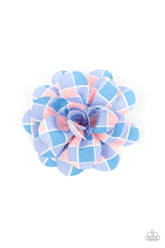 Reminiscent of gingham, blue, purple, and pink checkered petals bloom into a billowy blossom for a colorful finish. Features a standard hair clip on the back.  Sold as one individual hair clip.