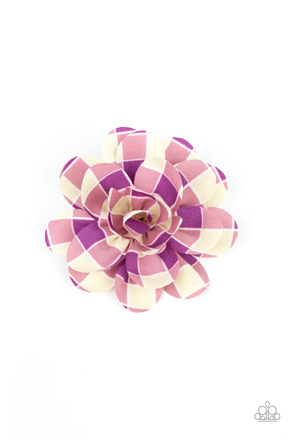 Reminiscent of gingham, purple and yellow checkered petals bloom into a billowy blossom for a colorful finish. Features a standard hair clip on the back.  Sold as one individual hair clip.