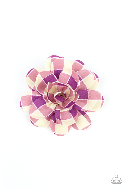Reminiscent of gingham, purple and yellow checkered petals bloom into a billowy blossom for a colorful finish. Features a standard hair clip on the back.  Sold as one individual hair clip.