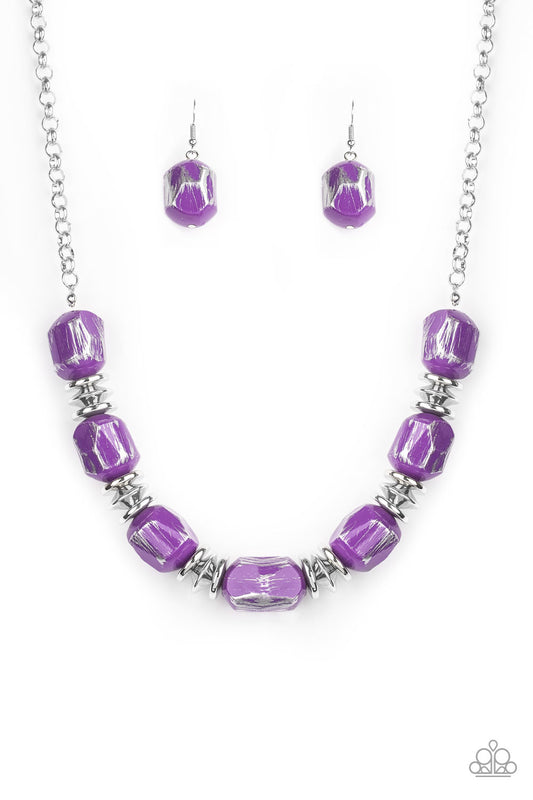 Featuring a scratched metallic finish, faceted purple beads and shimmery silver accents are threaded along an invisible wire below the collar for a colorful look. Features an adjustable clasp closure.  Sold as one individual necklace. Includes one pair of matching earrings.