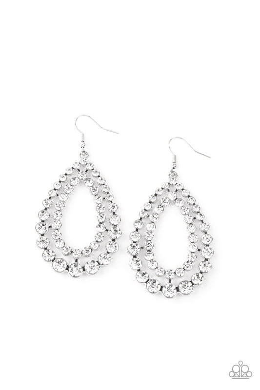 Varying in size, rows of glittery white rhinestones coalesce into two blinding teardrops for a jaw-dropping dazzle. Earring attaches to a standard fishhook fitting.  Sold as one pair of earrings.