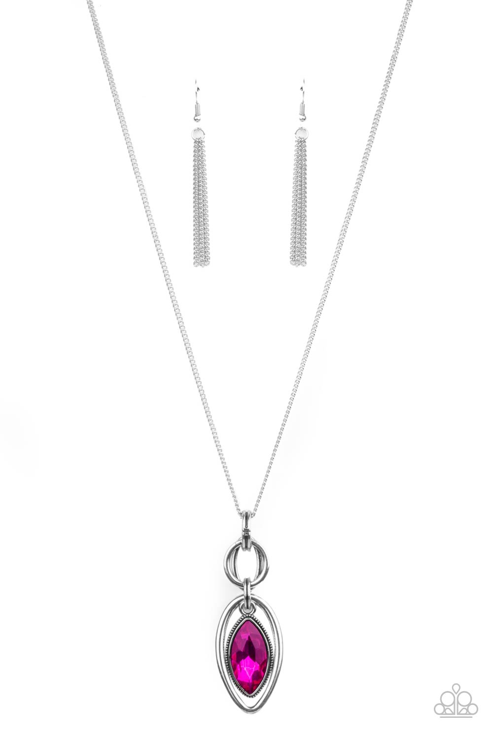 A pink marquise cut rhinestone pendant swings from the top of an airy silver frame that interconnects with a series of mismatched silver links at the bottom of a lengthened silver chain for an elegant finish. Features an adjustable clasp closure.  Sold as one individual necklace. Includes one pair of silver fringe earrings.
