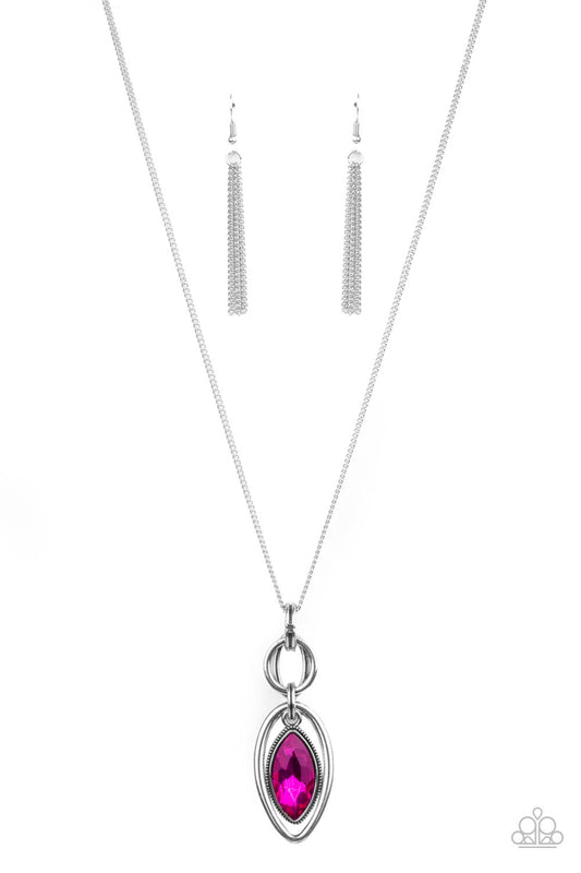 A pink marquise cut rhinestone pendant swings from the top of an airy silver frame that interconnects with a series of mismatched silver links at the bottom of a lengthened silver chain for an elegant finish. Features an adjustable clasp closure.  Sold as one individual necklace. Includes one pair of silver fringe earrings.