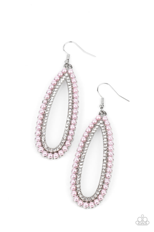 A collection of dainty pink pearls surrounds a glittery row of glassy white rhinestones, stacking into a vintage inspired teardrop frame. Earring attaches to a standard fishhook fitting.

Sold as one pair of earrings.
