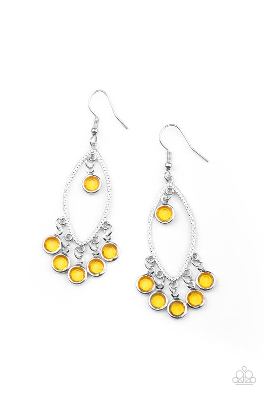 Glassy golden yellow gems dangle from the top and bottom of a textured silver marquise frame, creating a glamorous fringe. Earring attaches to a standard fishhook fitting.  Sold as one pair of earrings.