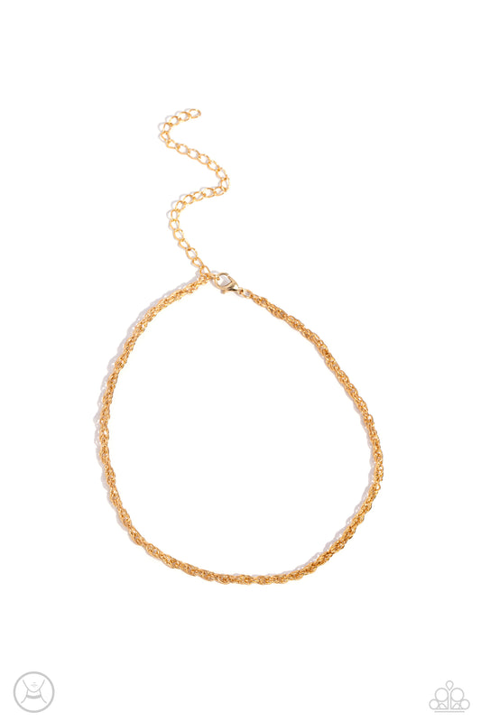 An ornate gold rope chain links around the neck, resulting in an edgy minimalist inspired grit. Features an adjustable clasp closure.  Sold as one individual choker necklace. Includes one pair of matching earrings.
