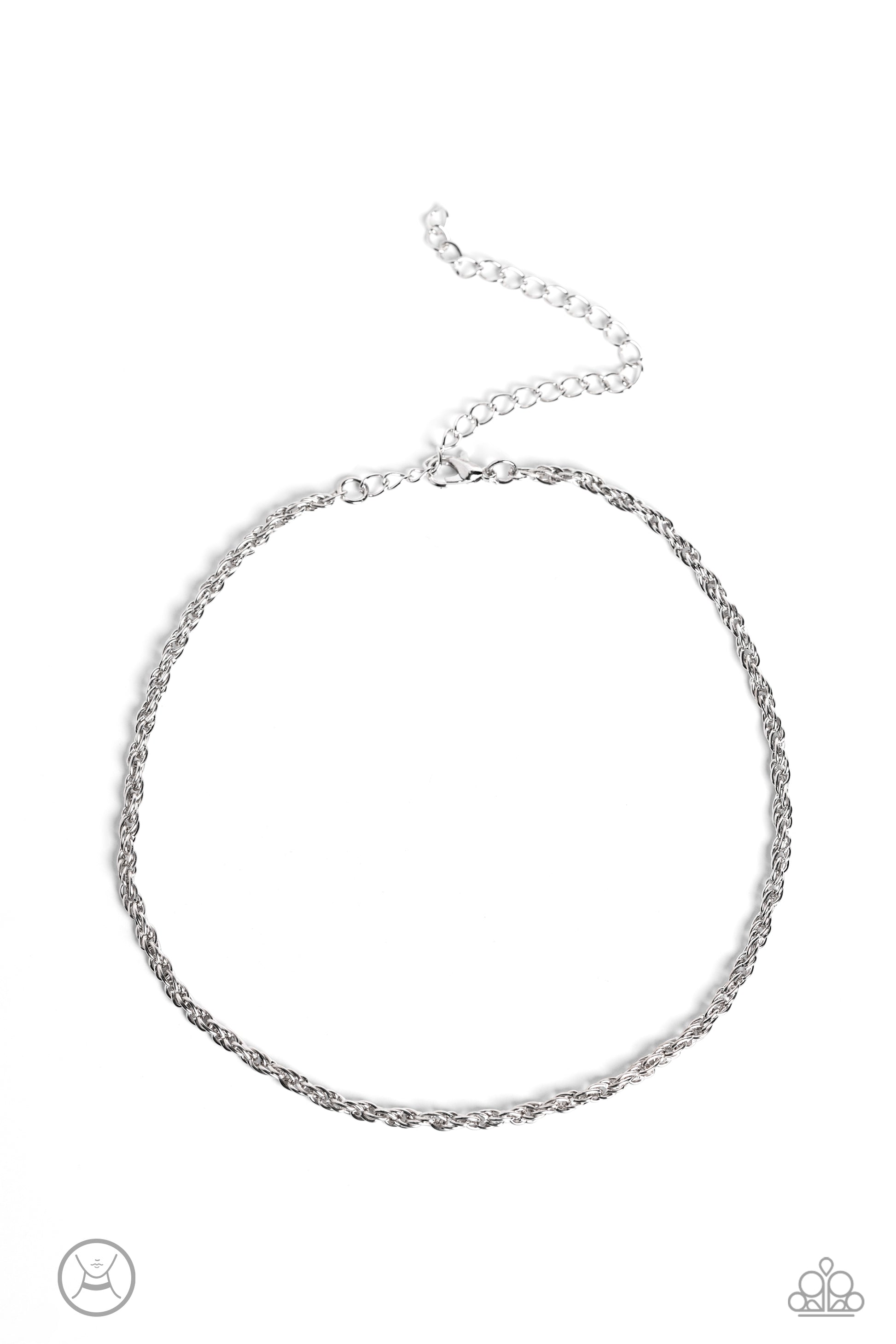 An ornate silver rope chain links around the neck, resulting in an edgy minimalist inspired grit. Features an adjustable clasp closure.  Sold as one individual choker necklace. Includes one pair of matching earrings.