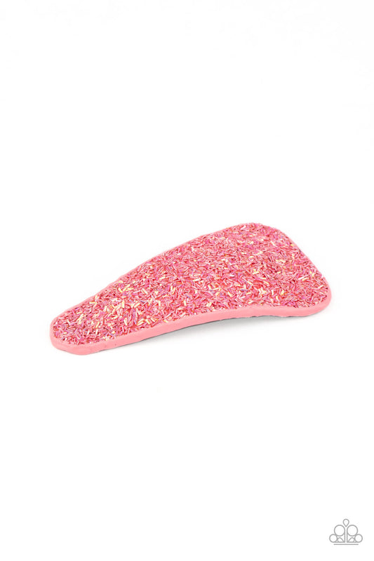 A collision of coral and iridescent sequins scatter across the front of a leather triangular frame, creating a glittery display. Features a standard snap clip on the back.  Sold as one individual hair clip.