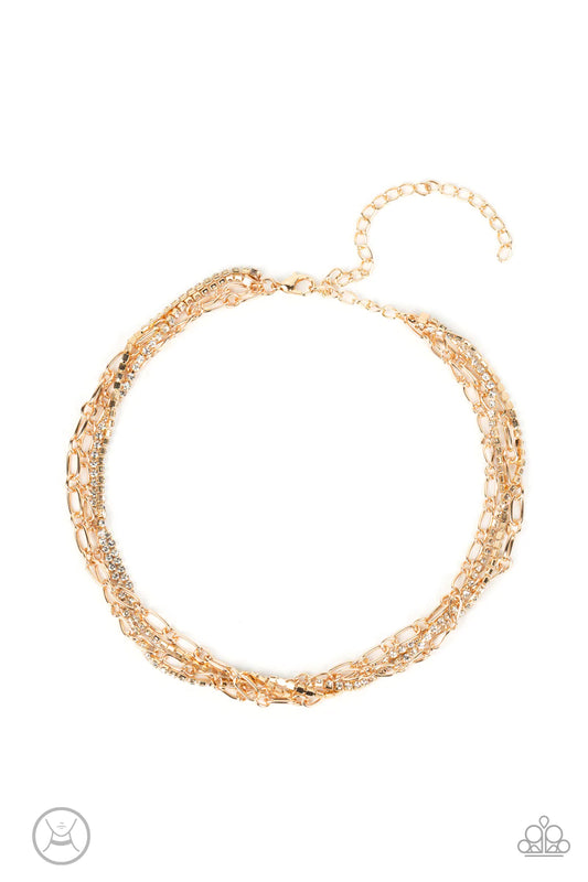 Pairs of shiny copper chains and strands of glittery white rhinestones layer around the neck, resulting in stacks of shimmer. Features an adjustable clasp closure.  Sold as one individual choker necklace. Includes one pair of matching earrings.