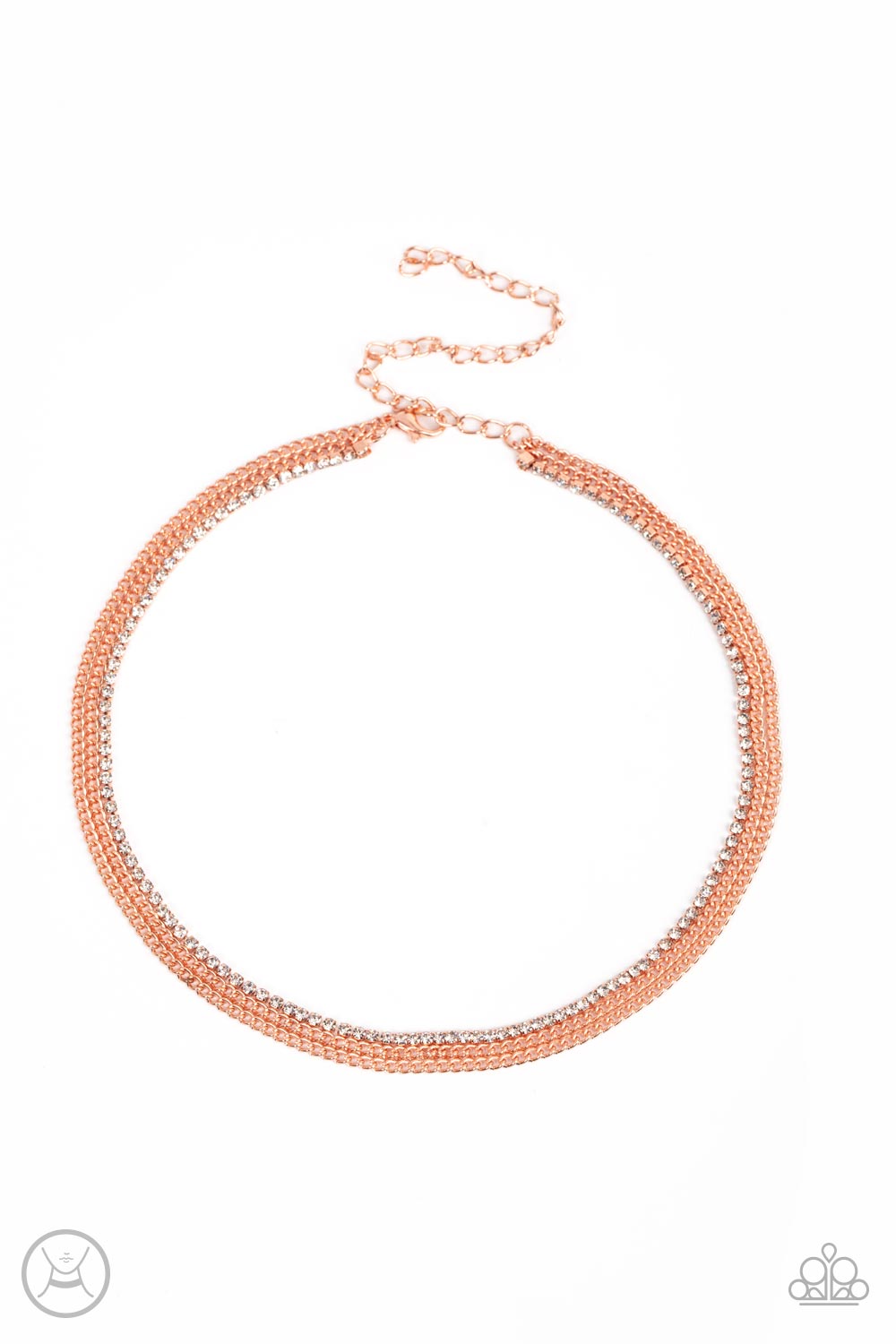 Two shiny copper chains and a single strand of dainty white rhinestones effortlessly layer around the neck, resulting in a radiant look. Features an adjustable clasp closure.  Sold as one individual choker necklace. Includes one pair of matching earrings.