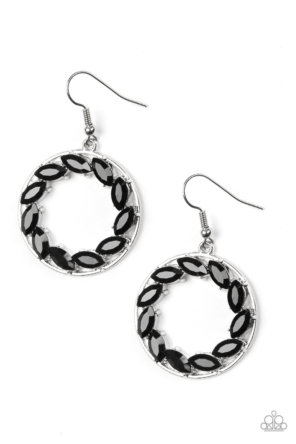 Featuring regal marquise style cuts, glittery black rhinestones are encrusted along a shimmery silver hoop for a radiant fashion. Earring attaches to a standard fishhook fitting.  Sold as one pair of earrings.