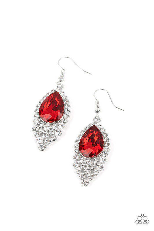 An oversized red teardrop gem is pressed into a glittering backdrop of glassy white rhinestones, cascading into an elegant effervescence. Earring attaches to a standard fishhook fitting.  Sold as one pair of earrings.