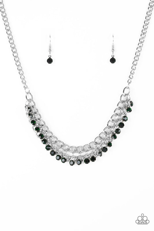 A fringe of glittery green rhinestones swings from the bottom of a bold silver chain below the collar for a fierce look. Features an adjustable clasp closure.  Sold as one individual necklace. Includes one pair of matching earrings.