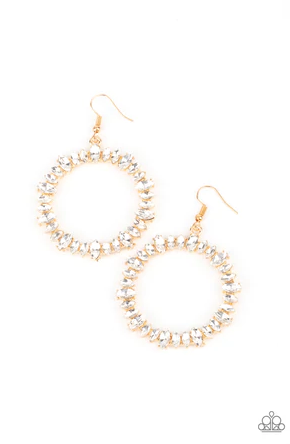 Encased in gold pronged fittings, an incandescent array of white marquise cut rhinestones delicately coalesce into a glowing hoop. Earring attaches to a standard fishhook fitting.  Sold as one pair of earrings.