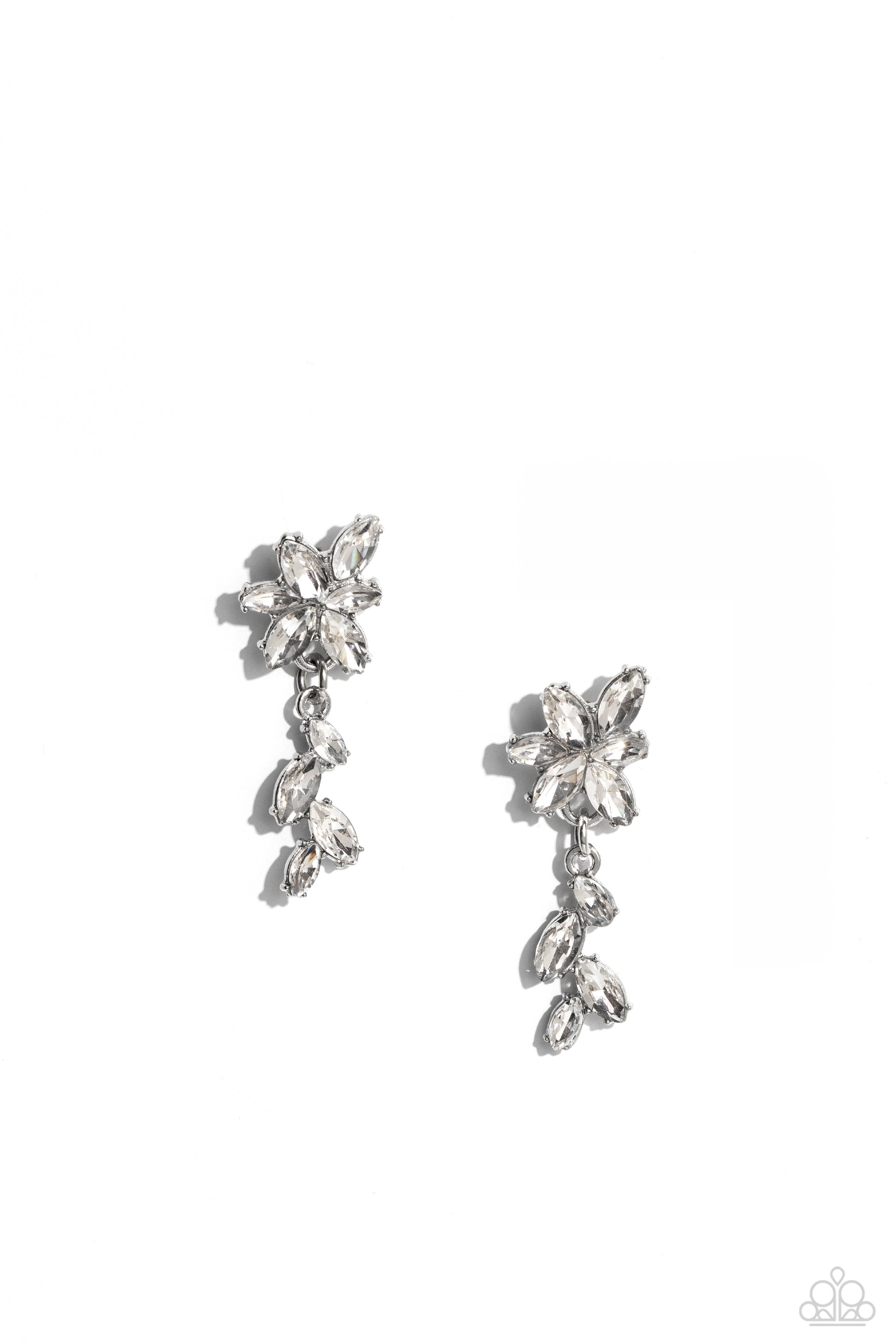 Encased in glistening silver fittings, a glittery collection of marquise cut rhinestones blooms into a brilliant flower. A cascading frame of matching marquise cut rhinestones trickles from the bottom of the sparkling floral frame, adding enchanting movement to the standalone post. Earring attaches to a standard post fitting.  Sold as one pair of post earrings.