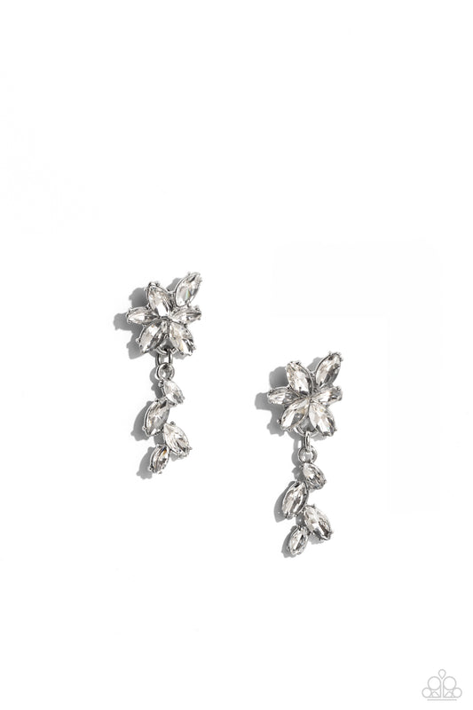 Encased in glistening silver fittings, a glittery collection of marquise cut rhinestones blooms into a brilliant flower. A cascading frame of matching marquise cut rhinestones trickles from the bottom of the sparkling floral frame, adding enchanting movement to the standalone post. Earring attaches to a standard post fitting.  Sold as one pair of post earrings.