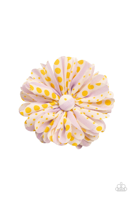 Featuring Illuminating polka dots, purple striped chiffon petals gather around a matching button top center for a whimsical look. Features a standard hair clip on the back.  Sold as one individual hair clip.