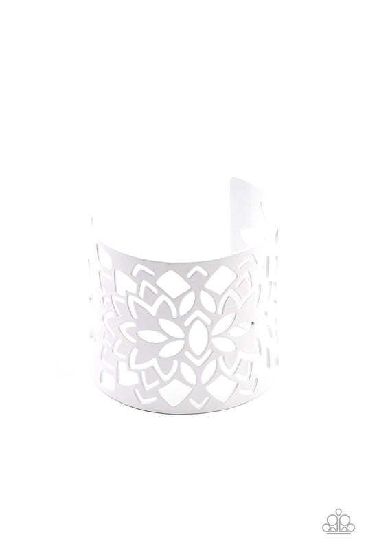 Featuring an airy floral stenciled design, a shiny white cuff wraps around the wrist for a vivacious finish.  Sold as one individual bracelet.