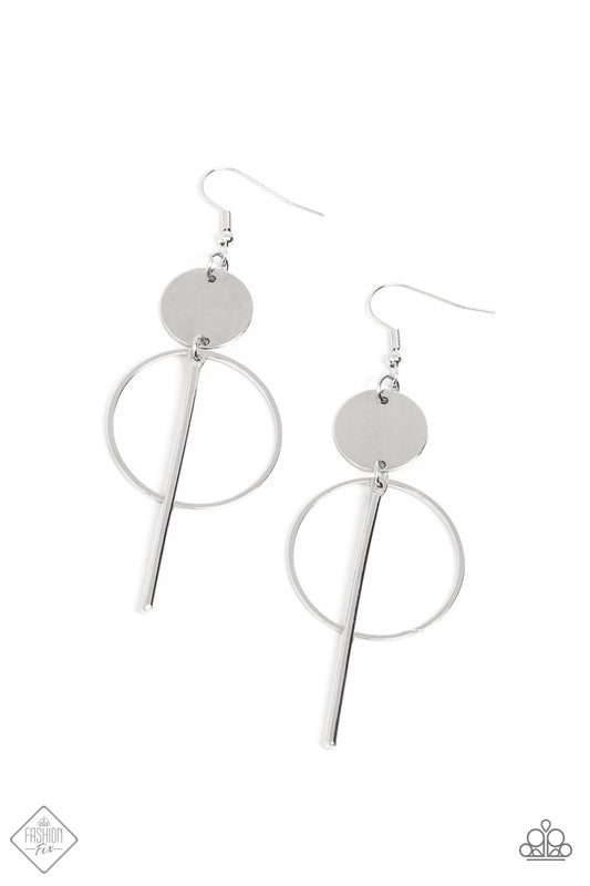 A shiny silver disc gives way to a delicate silver hoop and lengthened silver bar that sway below the ear in a fashionably modern display. Earring attaches to a standard fishhook fitting.  Sold as one pair of earrings.