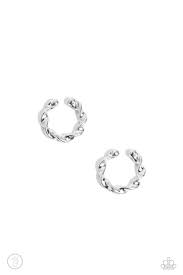 Featuring high sheen twists, a thin bar of silver curves around the ear to create a trendy, adjustable, one-size-fits-all cuff.

Sold as one pair of cuff earrings.