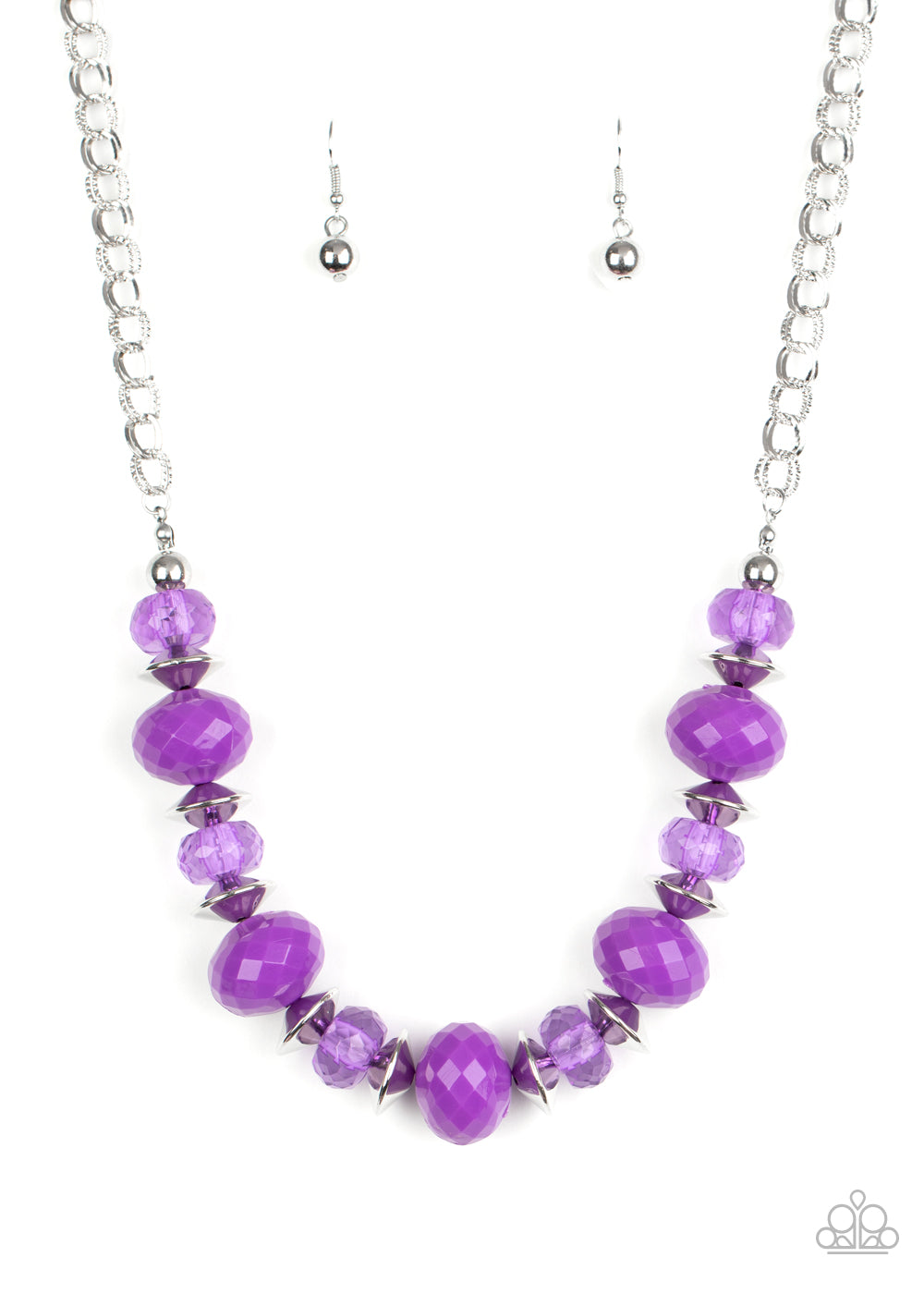 Saucer shaped silver beads trickle between faceted purple beads and crystal-like beads along an invisible wire, creating a glamorous display below the collar. Features an adjustable clasp closure.  Sold as one individual necklace. Includes one pair of matching earrings.