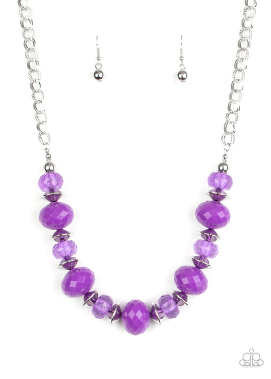 Saucer shaped silver beads trickle between faceted purple beads and crystal-like beads along an invisible wire, creating a glamorous display below the collar. Features an adjustable clasp closure.  Sold as one individual necklace. Includes one pair of matching earrings.