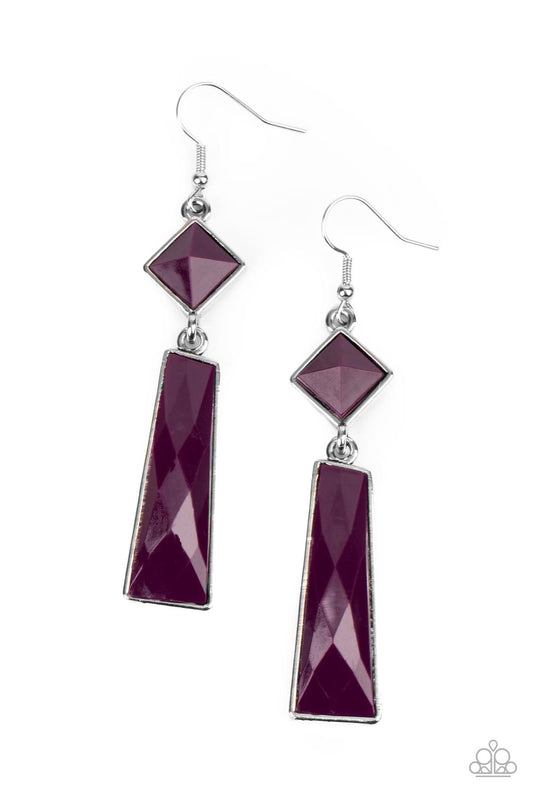 Encased in sleek silver fittings, a faceted trapezoidal plum bead swings from the bottom of a faceted square plum bead that is gently tilted for a trendy pop of color. Earring attaches to a standard fishhook fitting.

Sold as one pair of earrings.
