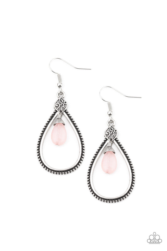 Featuring wire wrap detail, a dainty pink stone swings from the top of a studded silver teardrop frame featuring filigree detail for a tranquil finish. Earring attaches to a standard fishhook fitting.  Sold as one pair of earrings.