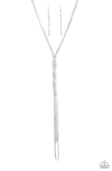 Silvery ribbons of glassy white rhinestones loop around the neck and delicately twist into an icy tassel down the chest. Features an adjustable clasp closure.  Sold as one individual necklace. Includes one pair of matching earrings.