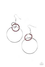 Varying in size, a fiery red rhinestone encrusted ring links with two shiny silver hoops, creating a glamorous lure. Earring attaches to a standard fishhook fitting.

Sold as one pair of earrings.