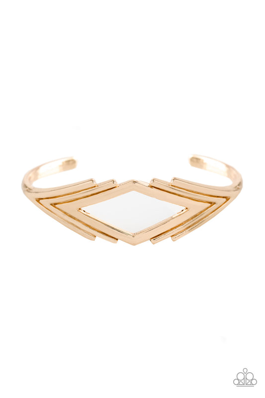 Brushed in a high-sheen finish, glistening V-shaped frames join into a dainty cuff. The airy center allows the skin to peek beneath the geometric frame for a natural finish.  Sold as one individual bracelet.