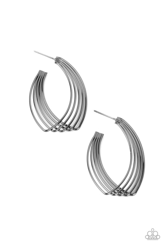 A shiny collection of dainty gunmetal wires twist and layer into a hook shaped frame, creating an edgy illusion. Earring attaches to a standard post fitting. Hoop measures approximately 1 in diameter.  Sold as one pair of hoop earrings.